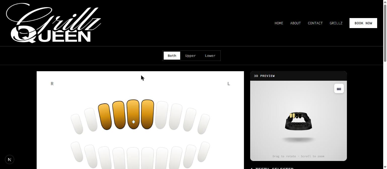 Grillz Queen Configurator — interactive tooth chart with a persistent live 3D preview