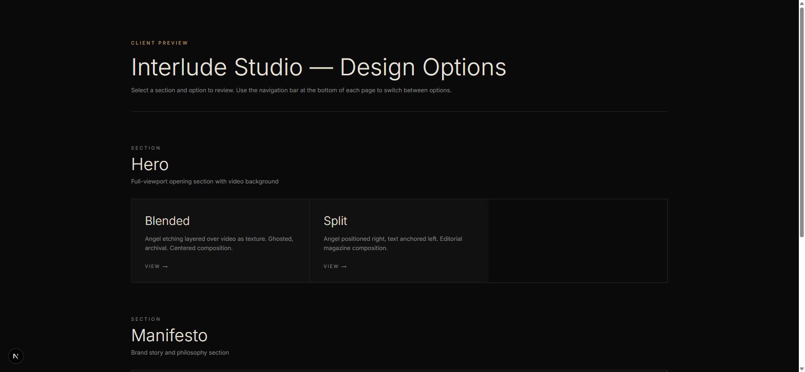 The internal /preview tool listing every in-progress Hero and Manifesto section variant for live review