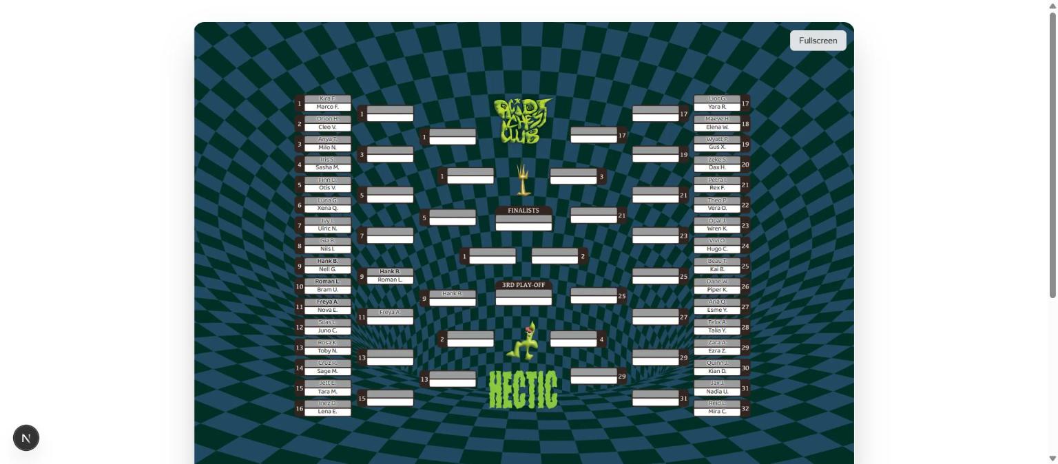 The public viewer for the Hectic bracket, mid-tournament with round 1 in progress