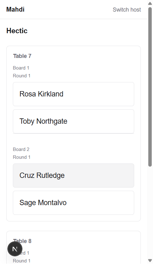 Host's real mobile view at 390px width, showing a table hosting two concurrent round-1 boards