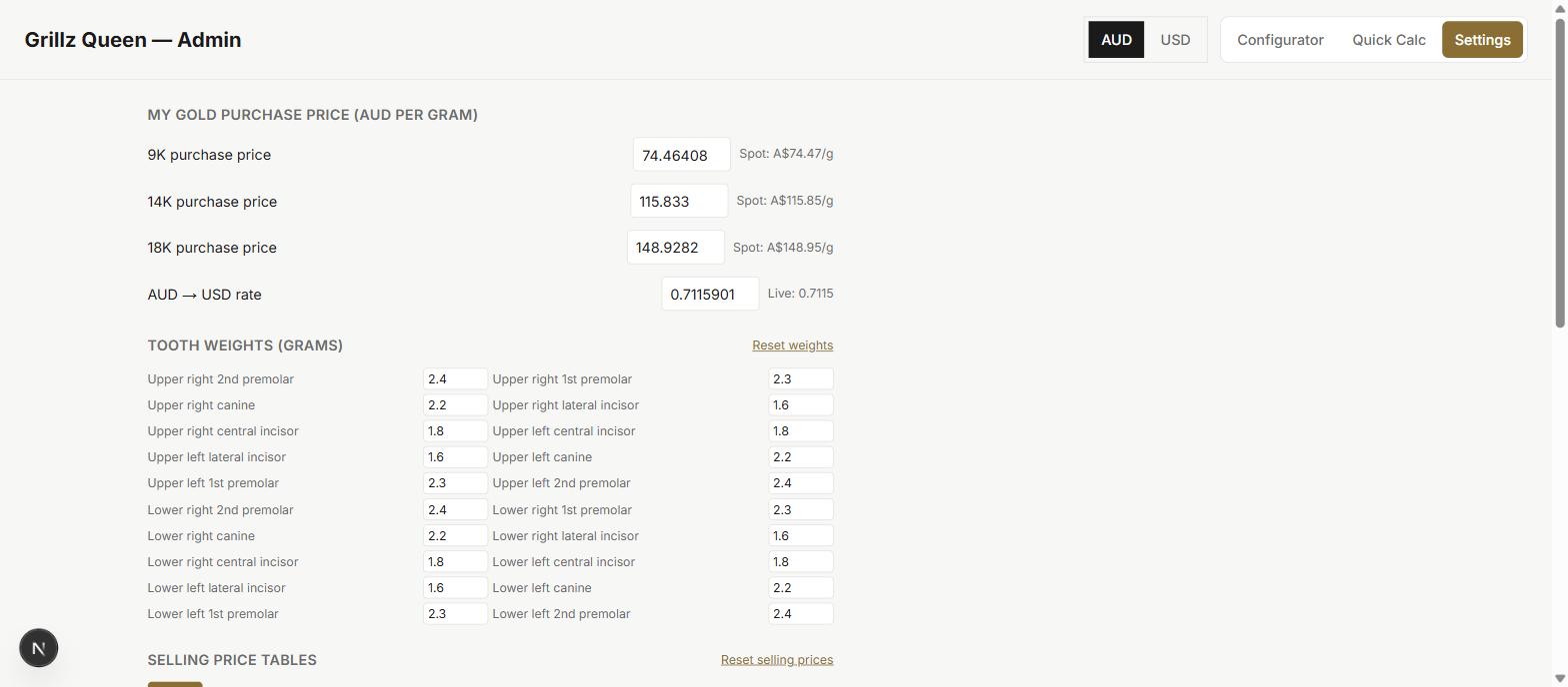 Admin Settings mode showing per-karat purchase price fields and a per-tooth weight table