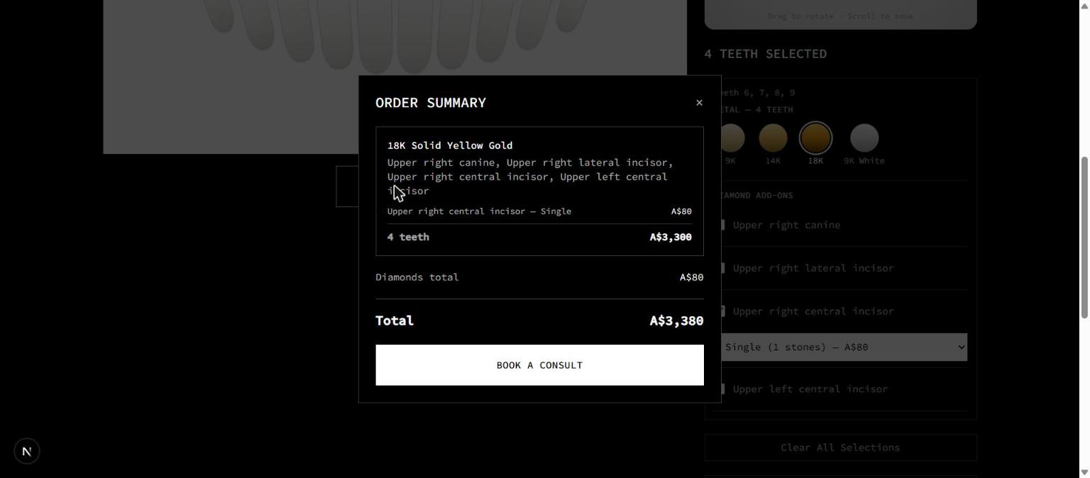 Order summary modal showing gold description, per-tooth diamond line items, and total